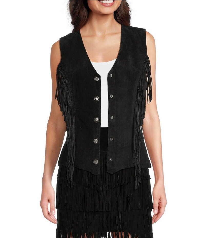 スカーリー レディース アウター ベスト Vネック レザー フリンジ Scully Leather V-Neck Fringe Snap Front Vest Black ブラック