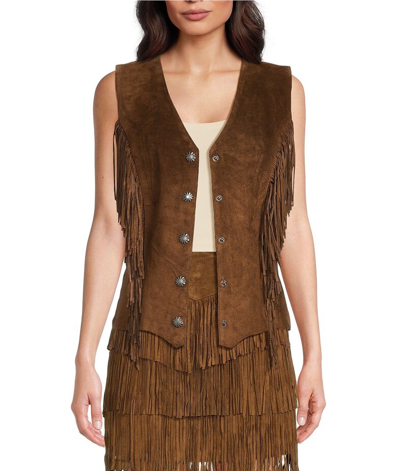 スカーリー レディース アウター ベスト Vネック レザー フリンジ Scully Leather V-Neck Fringe Snap Front Vest Cafe Brown ブラウン