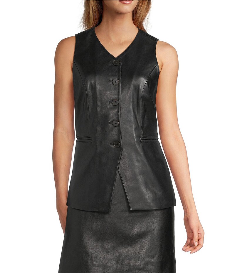 アントニオ メラーニ レディース アウター ベスト Vネック ノースリーブ レザー Antonio Melani Lauren Genuine Leather Button Front V-Neck Sleeveless Vest Black ブラック
