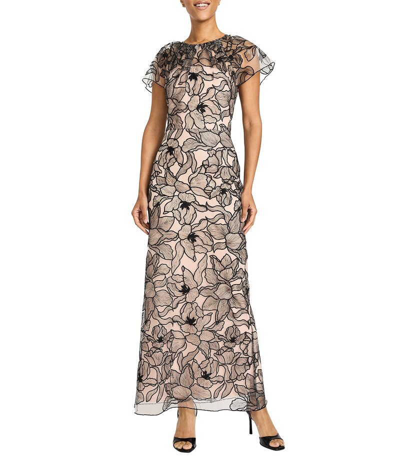 マギーロンドン レディース トップス ワンピース メッシュ 刺繍 Maggy London Outlined Orchid Embroidered Mesh Flutter Sleeve Dress Black/White ホワイト｜ReVida 店