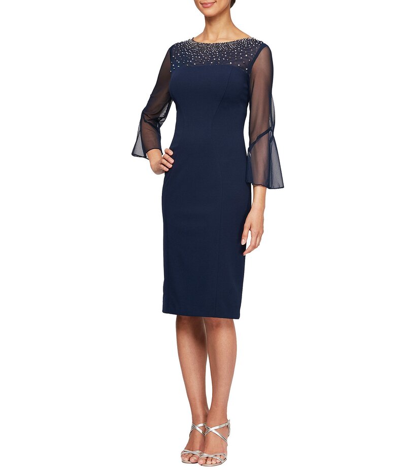 アレックスイブニングス レディース トップス ワンピース クレープ Alex Evenings Stretch Crepe Beaded Illusion Round Neck 3/4 Bell Sleeve Sheath Dress Navy/Silver ネイビー 39,520円