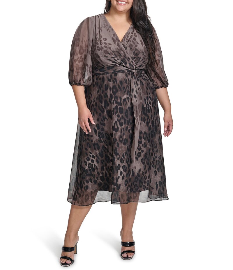 ダナキャラン レディース トップス ワンピース プラスサイズ プリント ミディ DKNY by Donna Karan Plus Size Leopard Print Midi Brown Multi ブラウン