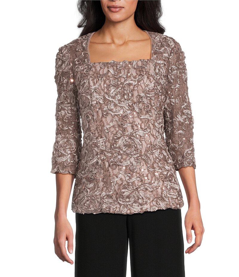 アレックスイブニングス レディース トップス ワンピース プチ ブラウス レース Alex Evenings Petite Size Lace Square Neck 3/4 Sleeve Blouse Mink ミンク 22,185円
