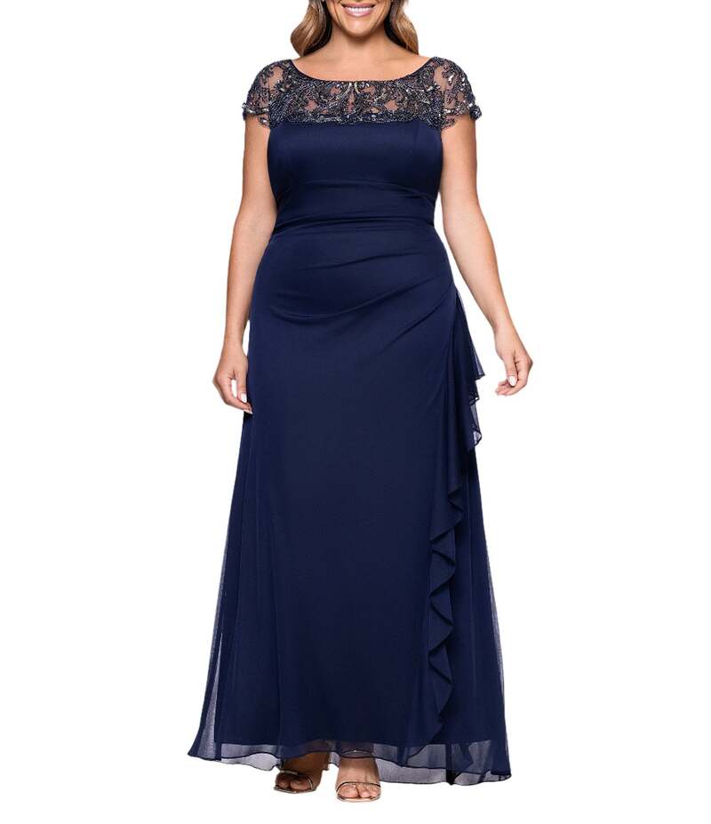 エスケープ レディース トップス ワンピース プラスサイズ メッシュ Xscape Plus Size Boat Neck Short Sleeve Mesh Beaded Yoke Gown Navy ネイビー