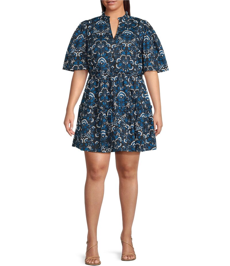 シュガーリップス レディース トップス ワンピース A ライン フラワー柄 プラスサイズ プリント ミニ フラワー Sugarlips Plus Size Mini Floral Printed Short Sleeve A-Line Dress Teal Multi ティール｜ReVida 店