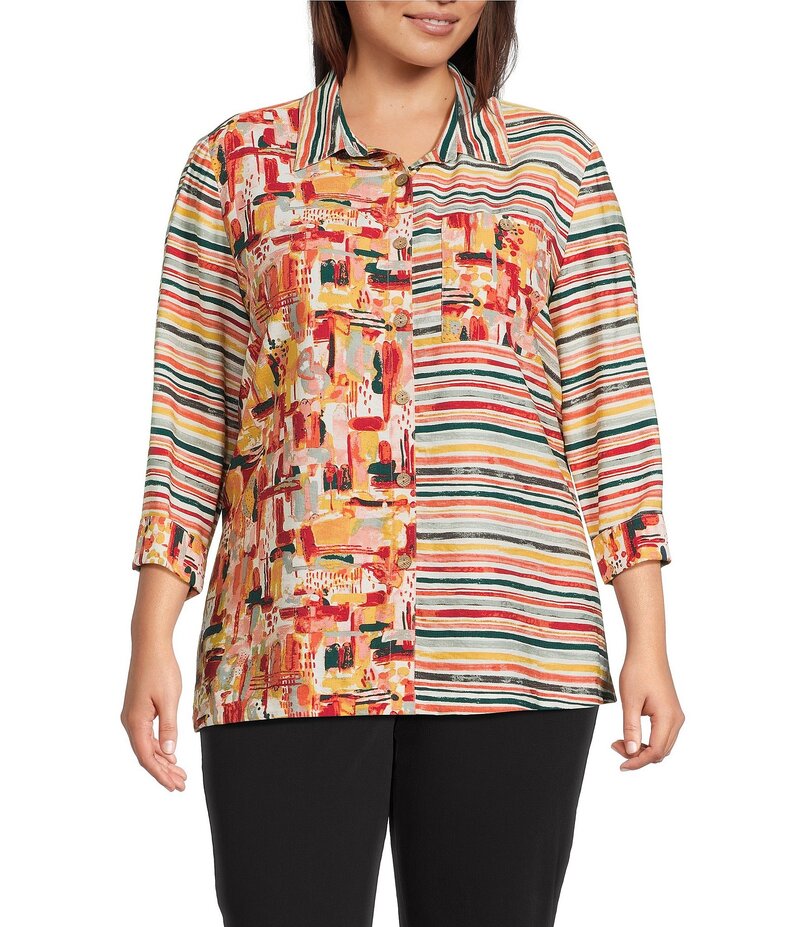 マルチプルズ レディース トップス シャツ プラスサイズ プリント Multiples Plus Size Woven Multi Print Point Collar 3/4 Sleeve Button Front Fitted Shirt Multi マルチカラー