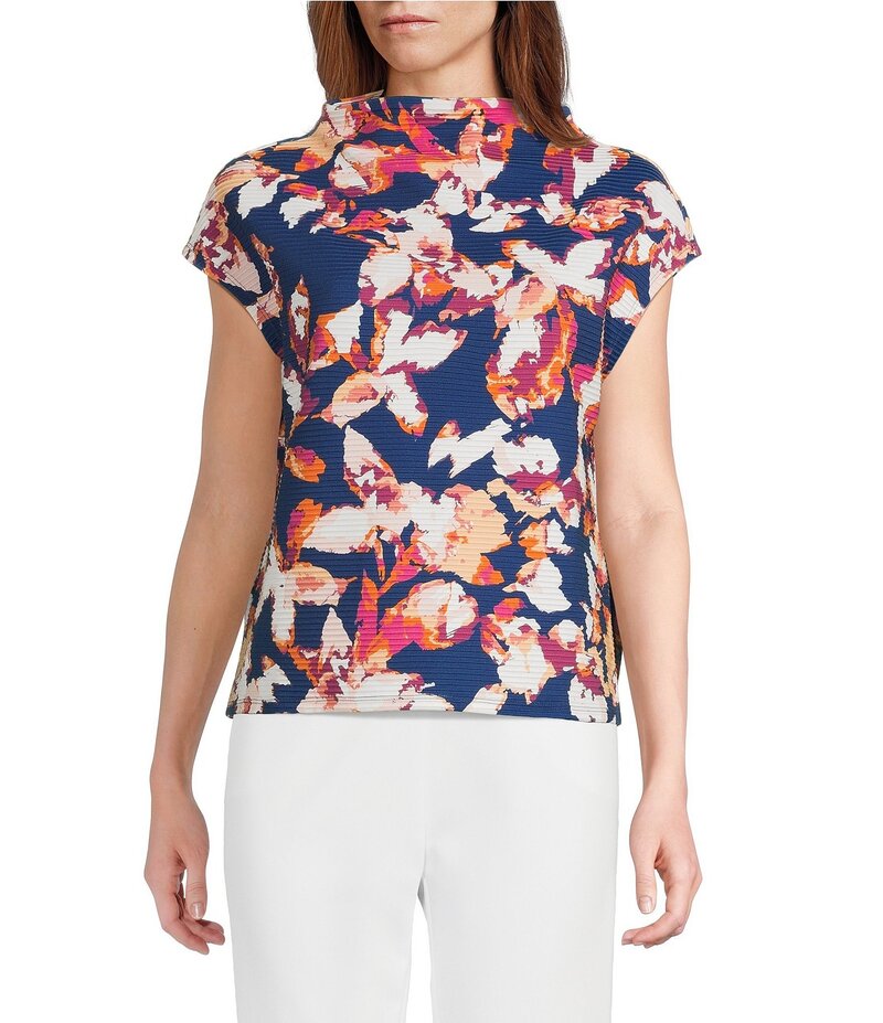 インベストメンツ レディース トップス シャツ ハイネック フラワー柄 プチ ニット フラワー Investments Petite Size Knit Blue Autumn Floral Short Sleeve High Neck Ottoman Top Blue Autumn Floral ブルー