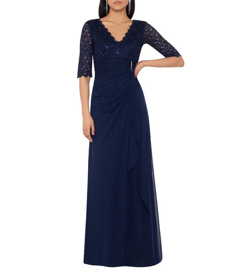 ベッツィアンドアダム レディース トップス ワンピース プチ スパンコール レース Betsy & Adam Petite Size Sequin Lace 3/4 Sleeve Cinched Gown Navy ネイビー