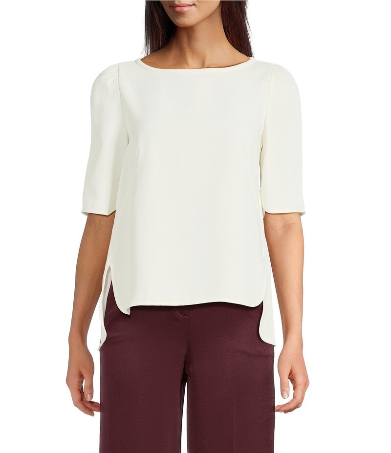 マレーラ レディース トップス シャツ サイドスリット クレープ サテン Marella Vanessa Satin Crepe Round Neck Elbow Sleeve Side Slit High-Low Hem Shirt Wool White ホワイト｜ReVida 店