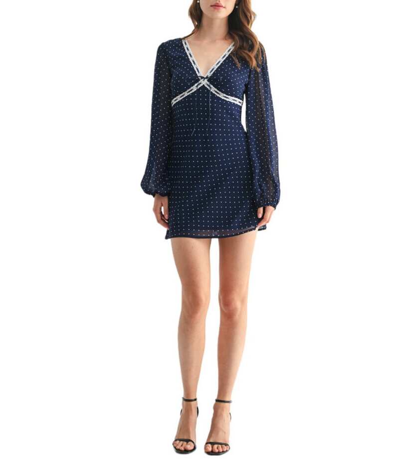 オールインフボール レディース トップス ワンピース ドット柄 ミニワンピース ドット ミニ All in Favor Polka Dot Long Sleeve Mini Dress Navy White ホワイト