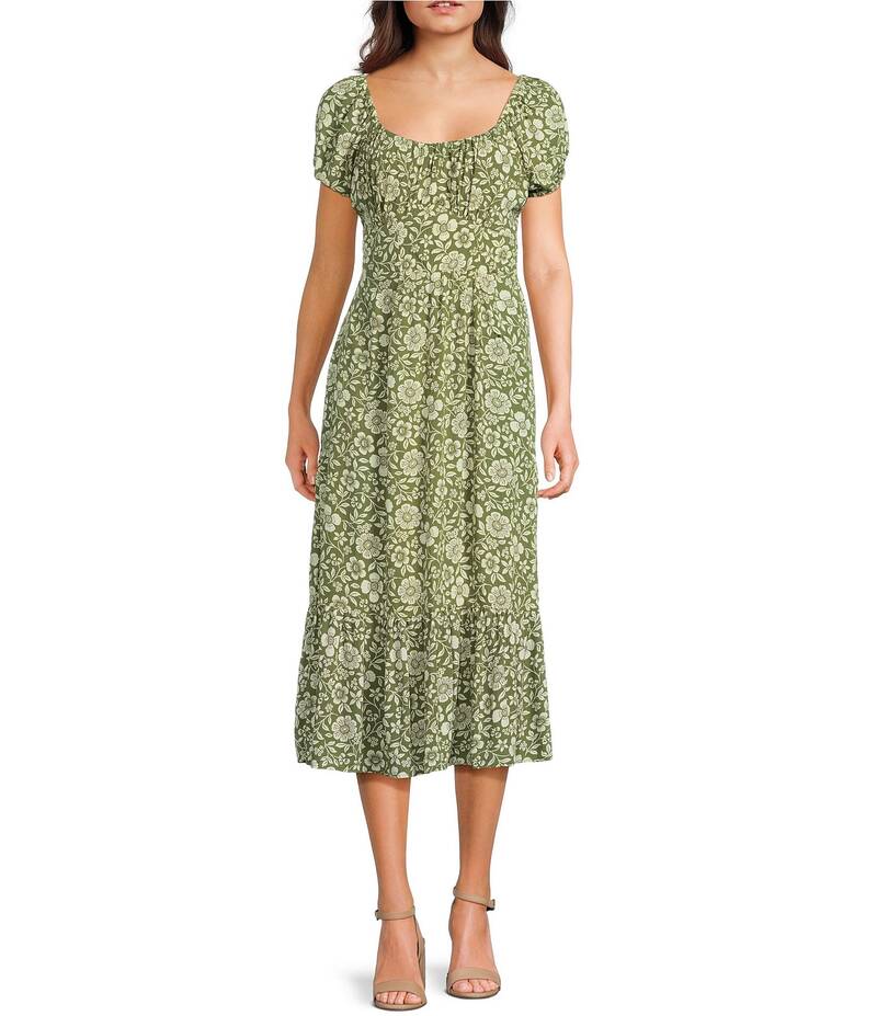アンジー レディース トップス ワンピース フリル裾 ミディワンピース フラワー柄 プリント フリル ミディ フラワー Angie Floral Print Scoop Neck Short Puff Sleeve Ruffle Hem Midi Dress Olive オリーブ