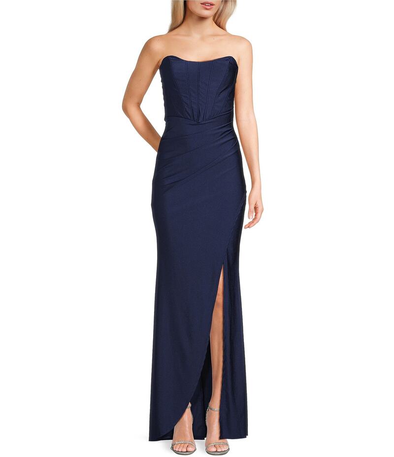 ハニーアンドロージー レディース トップス ワンピース フロントスリット ストラップレス Honey and Rosie Strapless Corset Bodice Front Slit Dress Navy ネイビー