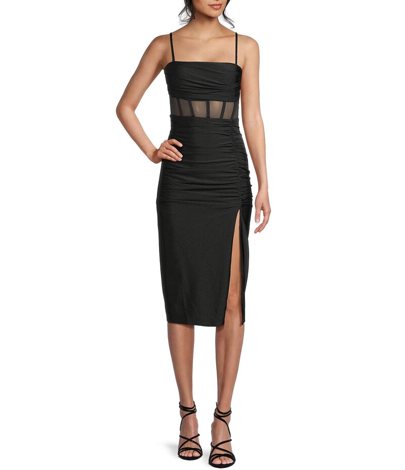 ハニーアンドロージー レディース トップス ワンピース サイドスリット ミディワンピース ミディ Honey and Rosie Illusion Corset Inspired Bodice Side Slit Flitted Midi Dress Black ブラック｜ReVida 店