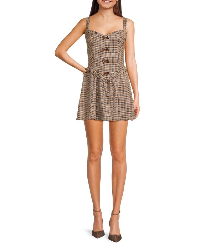 シティヴァイブ レディース トップス 衣装 V素っ首 フラウンス City Vibe Plaid V-Neck Bow Front Ruffled Drop Waist Dress Beige/Black/Rust 黒いこと