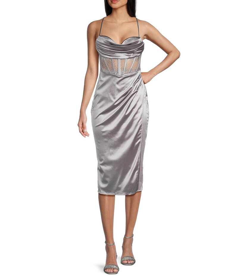 ビーダーリン レディース トップス ワンピース ミディワンピース ドレープ ミディ B. Darlin Sweetheart Drape Neck Rhinestone Illusion Midi Dress Grey/Crystal グレー｜ReVida 店