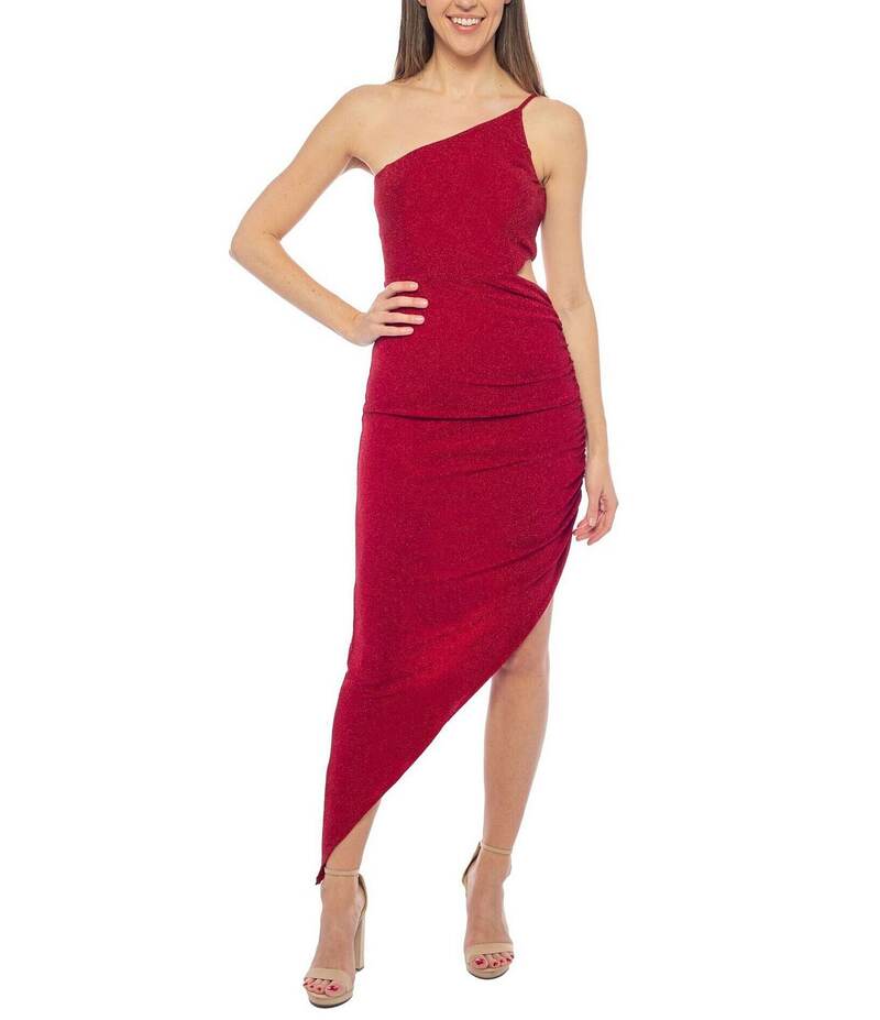 飛び降りる レディース トップス 衣装 非相称 トール ノースリーブ 編み物 Jump Sleeveless One Shoulder Metallic Knit Asymmetric High-Low Hem Dress Red 赤いこと レディースファッション-ワンピース