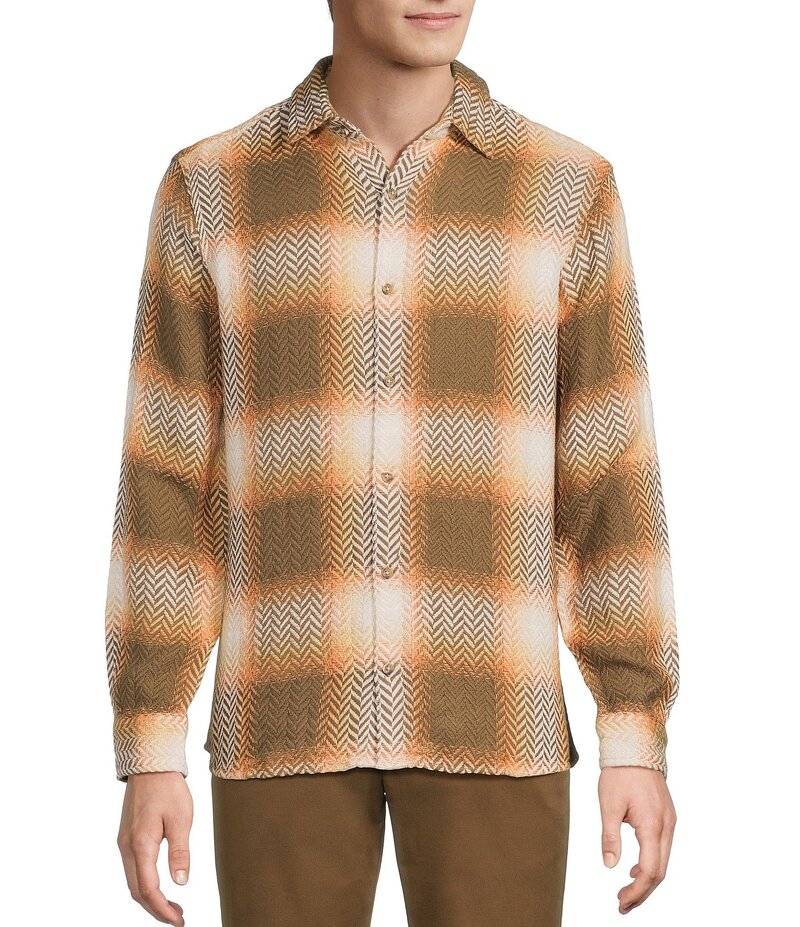 ラウン メンズ トップス シャツ Rowm Long Sleeve Herringbone Ombre Plaid Woven Shirt Brown ブラウン
