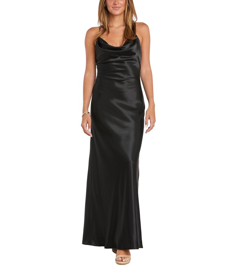 モルガン レディース トップス ワンピース ドレープ ノースリーブ Morgan & Co. Sleeveless Long Spaghetti Strap Charmeuse Draped Front And X Back Long Dress Black ブラック｜ReVida 店