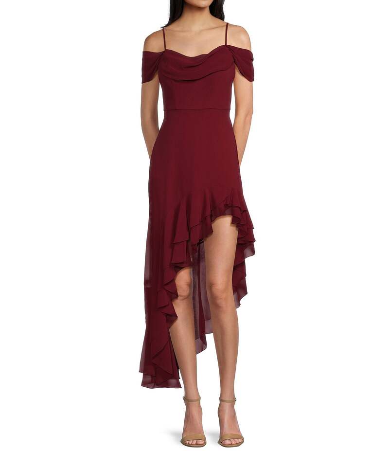 シティヴァイブ レディース トップス ワンピース シフォン ドレープ フリル City Vibe Off The Shoulder Drape Chiffon Ruffle Hi-Lo Dress Dark Cardinal｜ReVida 店