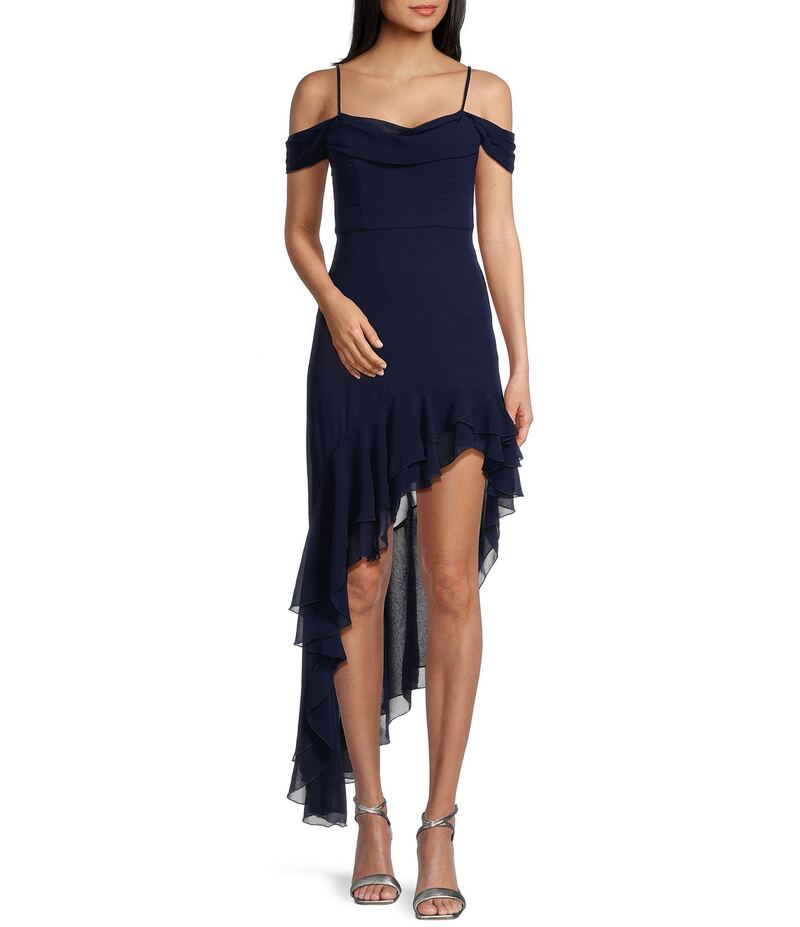 シティヴァイブ レディース トップス ワンピース シフォン ドレープ フリル City Vibe Off The Shoulder Drape Chiffon Ruffle Hi-Lo Dress Navy ネイビー｜ReVida 店