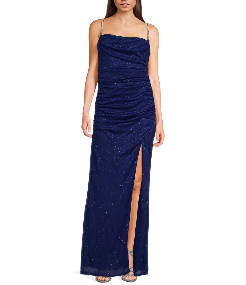 ジャンプ レディース トップス ワンピース ドレープ ノースリーブ Jump Sleeveless Glitter Spaghetti Rhinestone Strap Drape Bodice Gown Navy ネイビー｜ReVida 店