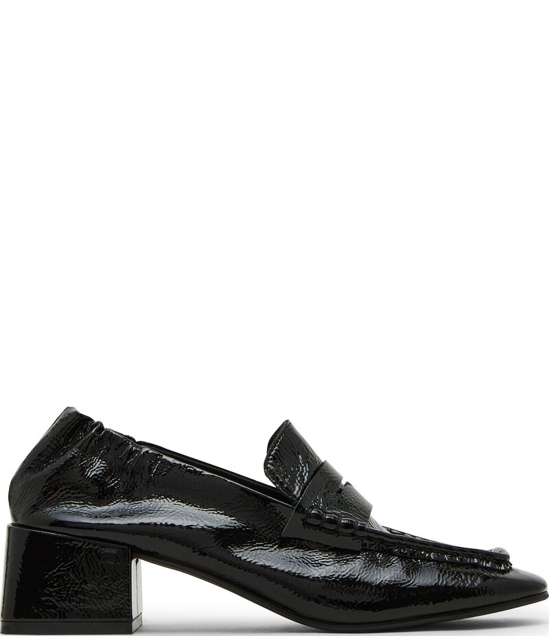 スティーブ マデン レディース シューズ ヒール Tシャツ レザー ローファー Steve Madden Estee Crinkle Patent Leather Block Heel Penny Loafer Pumps Black ブラック|ReVida 店