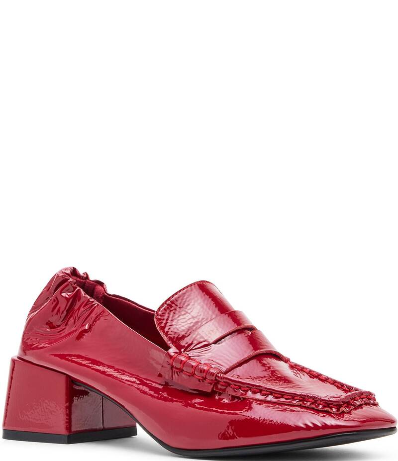 スティーブ マデン レディース シューズ ヒール Tシャツ レザー ローファー Steve Madden Estee Crinkle Patent Leather Block Heel Penny Loafer Pumps Red レッド｜ReVida 店 29,054円