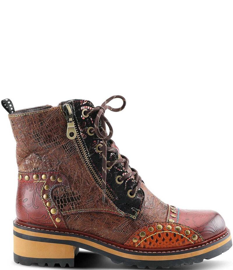 ラリティステ レディース シューズ ブーツ・レインブーツ レザー L'ARTISTE Rugup Leather and Textile Studded Faux Fur Lined Booties Brown Multi ブラウン｜ReVida 店