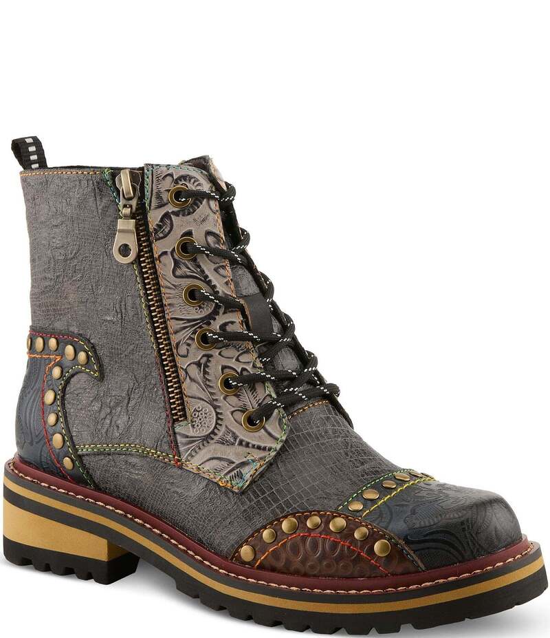 ラリティステ レディース シューズ ブーツ・レインブーツ レザー L'ARTISTE Rugup Leather and Textile Studded Faux Fur Lined Booties Slate Multi スレート|ReVida 店
