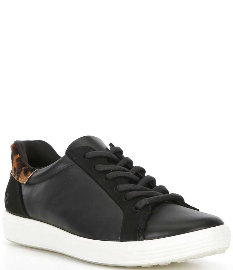 エコー レディース シューズ スニーカー レース レザー ECCO Women's Soft VII Leopard Leather Elastic Lace Slip On Sneakers Black/Leopard ブラック