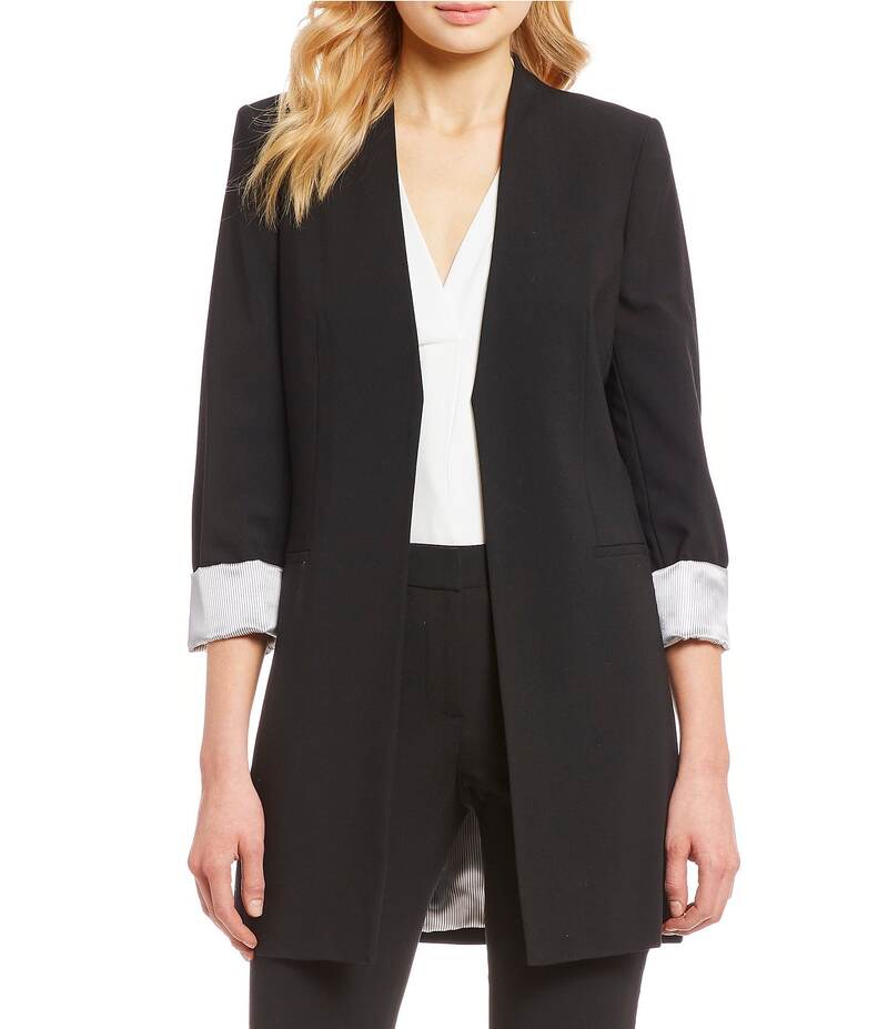 カルバンクライン レディース アウター 厚地の外套 Vのど首 プチ 対比 上衣 Calvin Klein Petite Size Contrast Lining V-Neck Long Roll Sleeve Open Front Jacket Black 黒いこと コート・ジャケット-レディースファッション