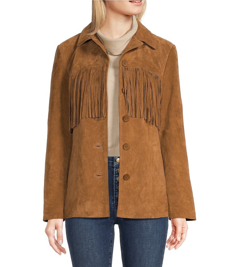 スカーリー レディース アウター コート スエード レザー フリンジ ジャケット Scully Suede Leather Fringe Button Front Jacket Cinnamon