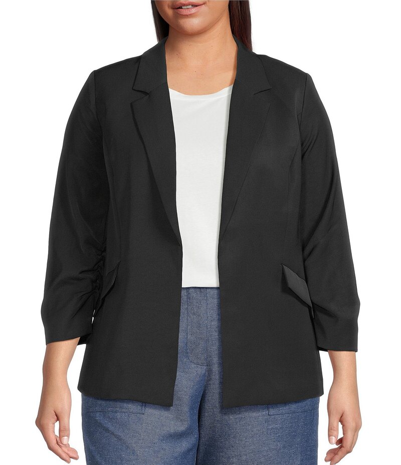 スカイズアブルー レディース アウター 厚地の外套 足し加える大きさ スポーツジャケット Skies Are Blue Plus Size Notch Lapel Shirred 3/4 Sleeve Open Front Coordinating Statement Blazer Black 黒いこと