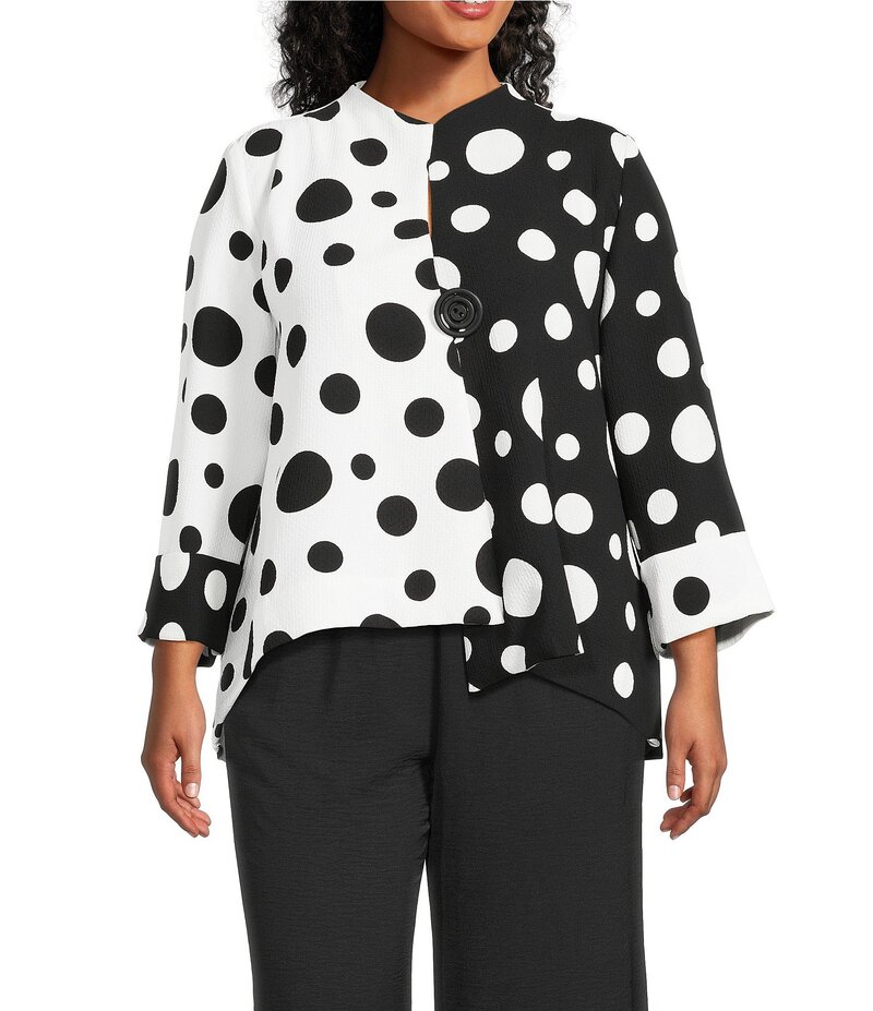 アイシーコレクション レディース アウター コート ハイネック プラスサイズ プリント ジャケット IC Collection Plus Size Woven Dot Combo Print High Neck Bracelet Sleeve Jacket White/Black ホワイト｜ReVida 店