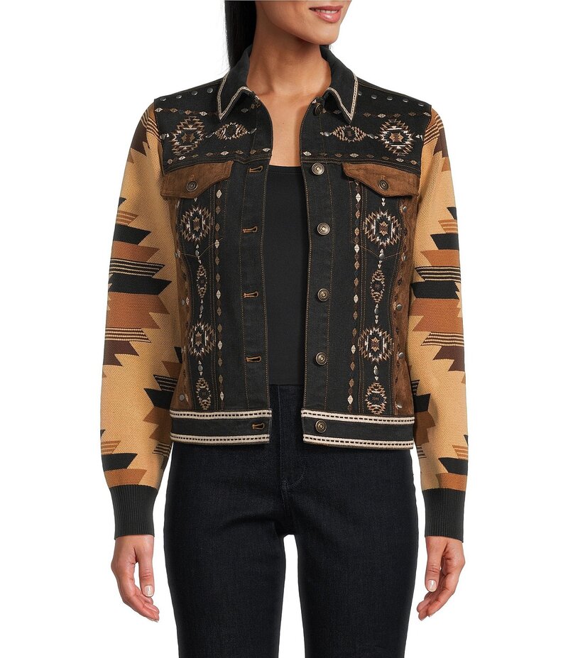 レバ レディース アウター コート スエード 刺繍 デニム ニット ジャケット Reba Denim Faux Suede Knit Jacquard Point Collar Long Sleeve Embroidered Button Front Jacket Black Multi ブラック