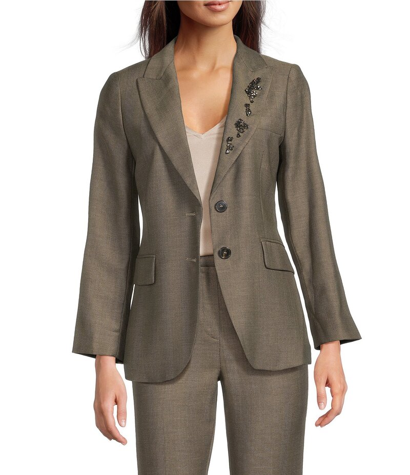 マレーラ レディース アウター コート ジャケット Marella Twill Crystal Lapel Notch Lapel Two Button Kaki Jacket Kaki