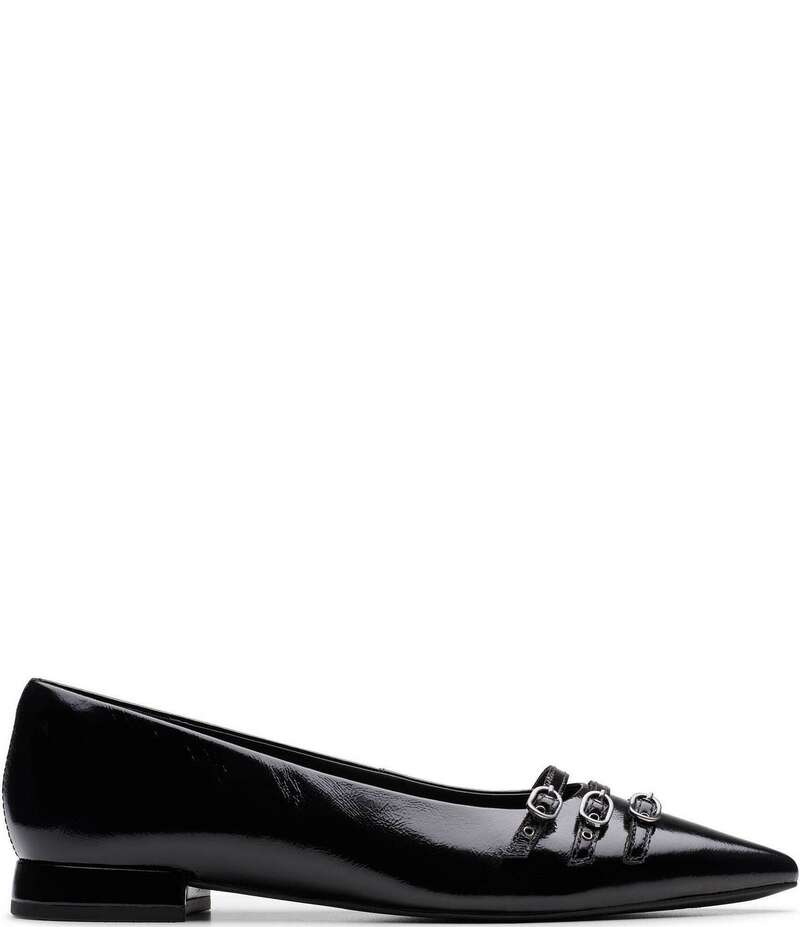 クラークス レディース シューズ パンプス なめし革 Clarks Sensa15 Strap Patent Leather Buckle Hardware Pointed Toe Flats Black 黒いこと