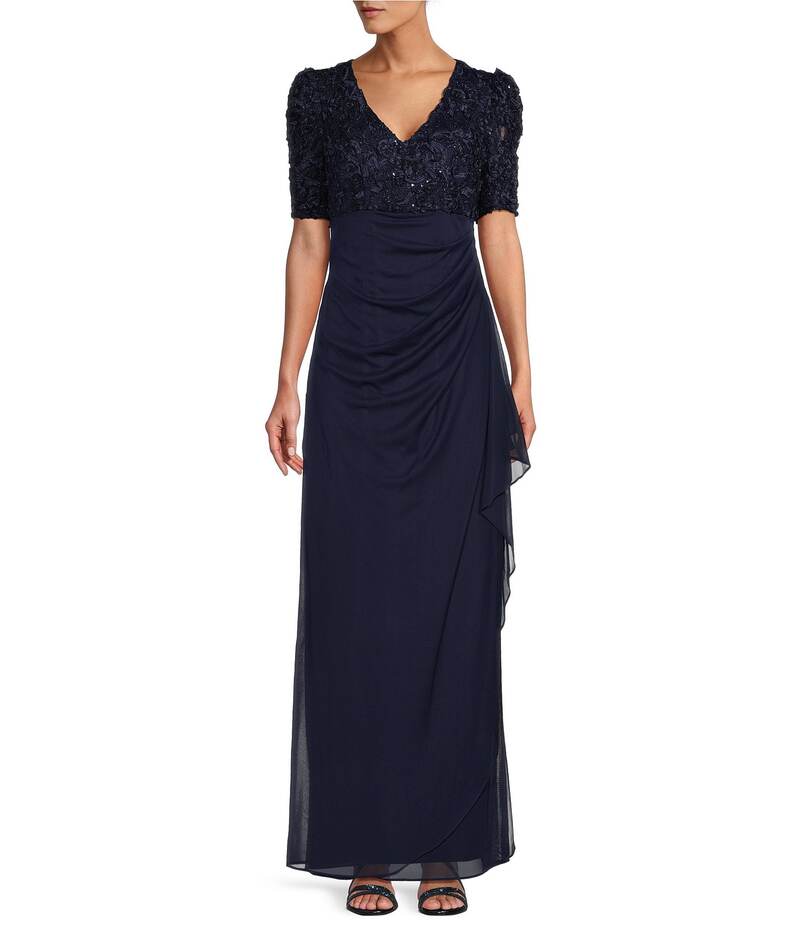 アレックスイブニングス レディース トップス ワンピース Vネック プチ フリル エンパイア レース Alex Evenings Petite Size Lace Soutache Bodice V-Neck Short Sleeve Cascade Ruffle Empire Waist Dress Navy ネイビー