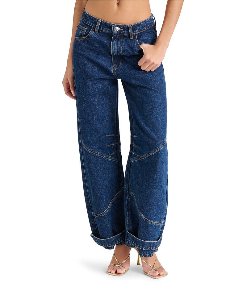 スティーブ マデン レディース ボトムス デニムパンツ ワイドレッグ デニム アンクル ジーンズ Steve Madden Tre Denim Mid-Rise Wide Leg Adjustable Ankle Strap Jeans Dark Blue ブルー
