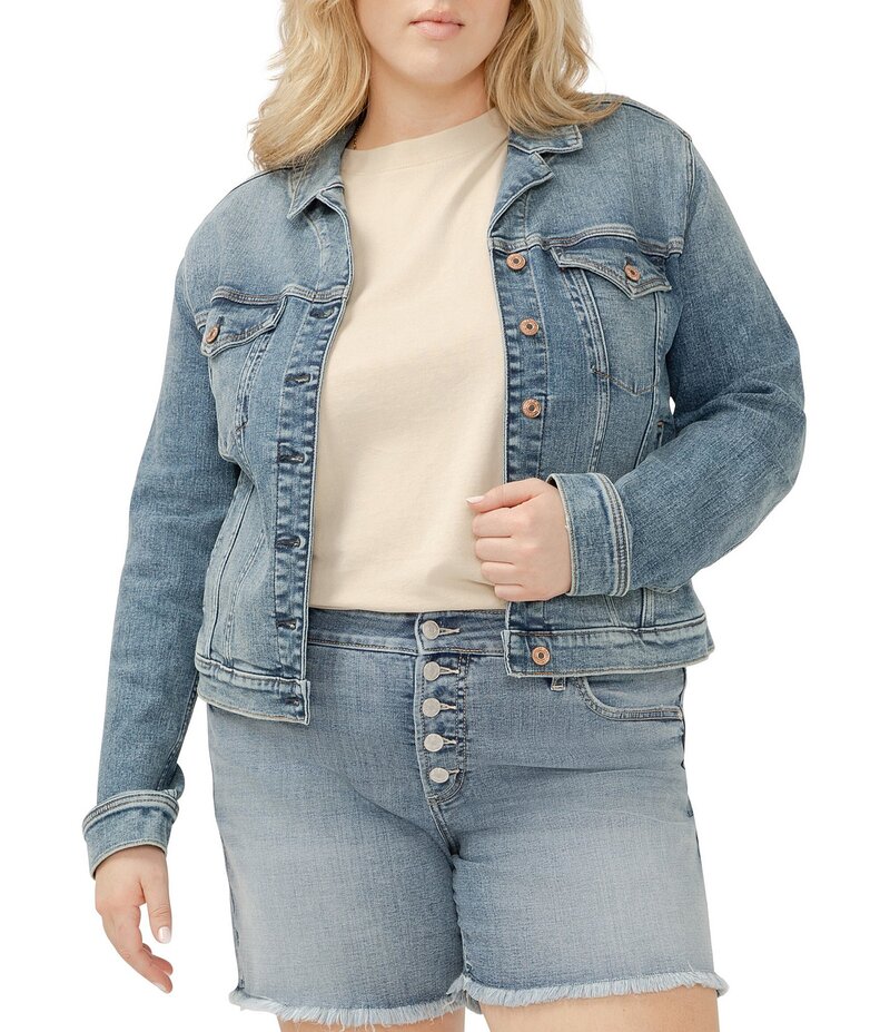 しろがね色 デニム レディース アウター 厚地の外套 つけ加える大きさ 上衣 Silver Jeans Co. Plus Size Notch Collar Long Sleeve Button Front Crop Jacket Indigo インディゴ