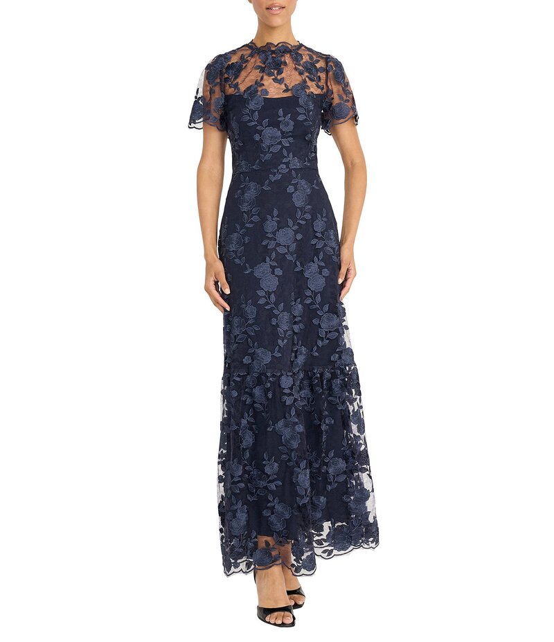 マギーロンドン レディース トップス ワンピース A ライン フラワー柄 プリント メッシュ 刺繍 フラワー Maggy London Embroidered Mesh Floral Print A-Line Gown Twilight Navy ネイビー