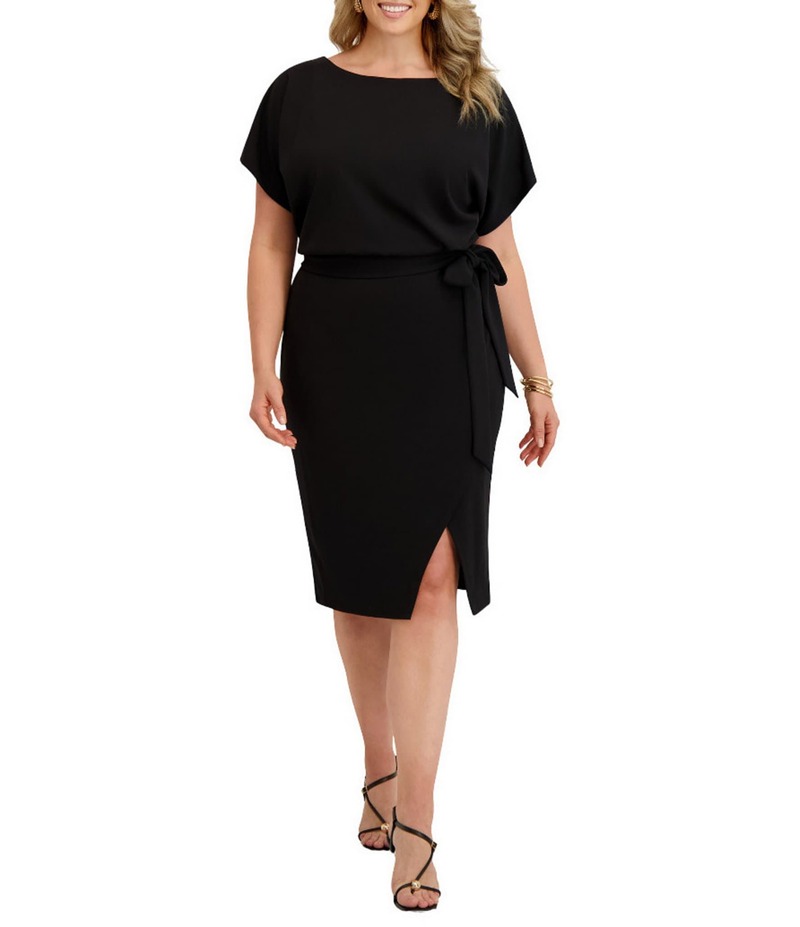 ケンジー レディース トップス 衣装 縮緬 ひざ丈 つけ加える大きさ アクアラング Kensie Plus Size Crepe Scuba Short Sleeve Bow Detail Knee Length Dress Black 黒いこと