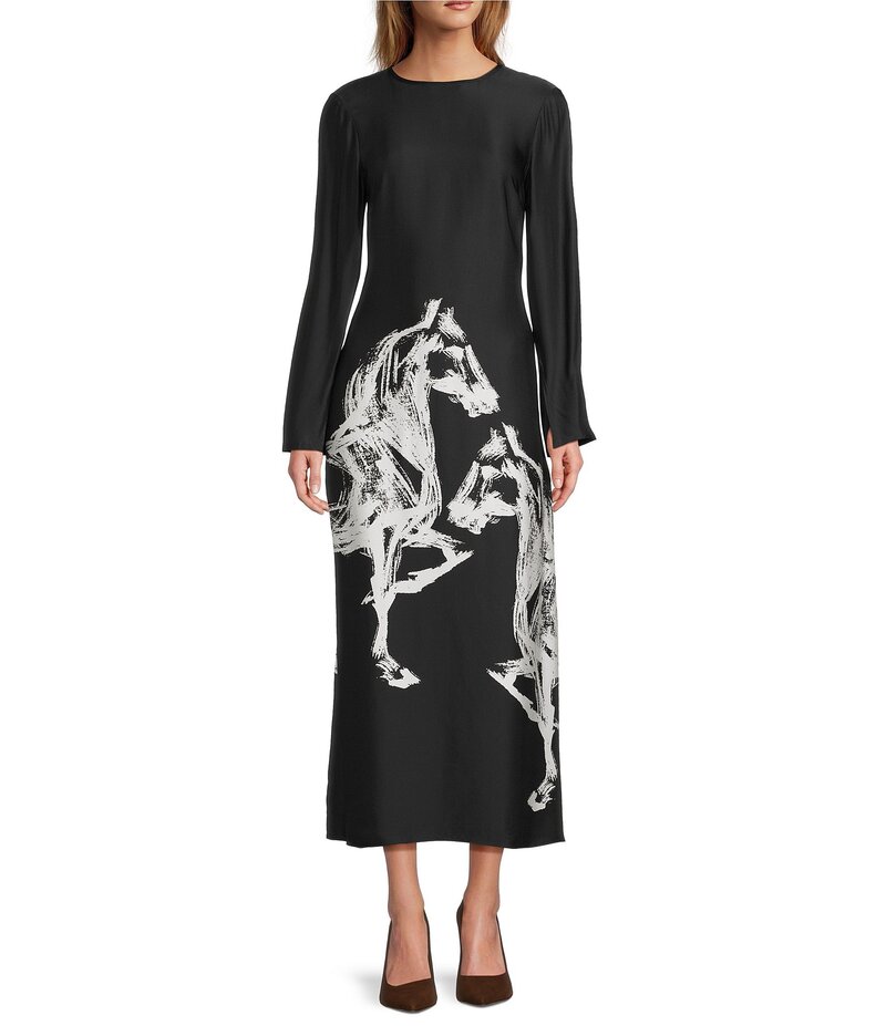 アントニオ メラーニ レディース トップス ワンピース マキシワンピース プリント サテン マキシ Antonio Melani Emerson Horse Print Satin Long Sleeve Round Neck Maxi Dress Horse Print｜ReVida 店