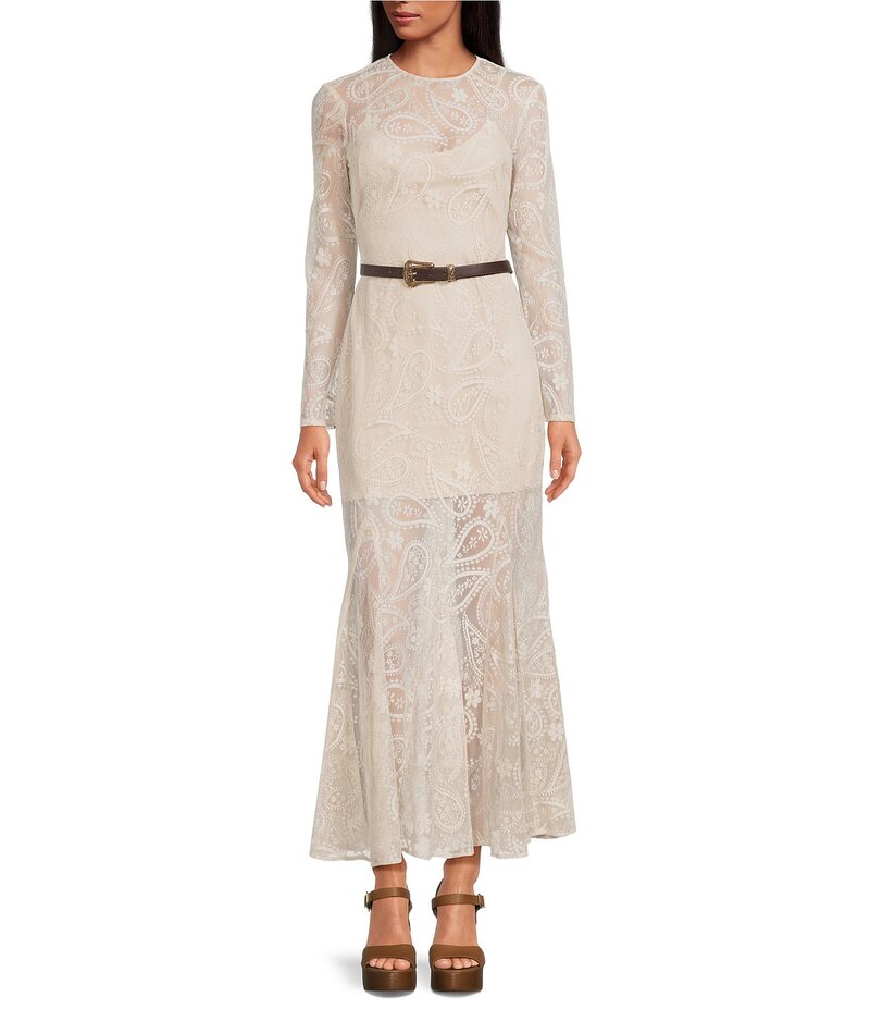 ジャンビニ レディース トップス ワンピース レース Gianni Bini Eden Lace Belted Long Sleeve Dress Cream クリーム|ReVida 店
