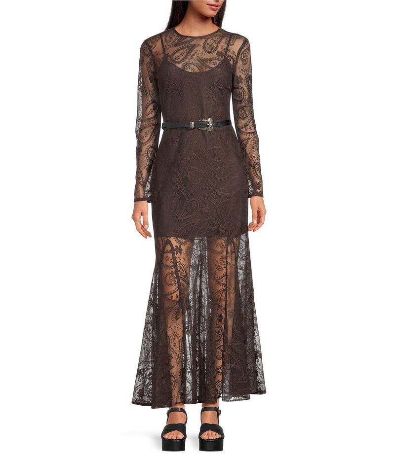 ジャンビニ レディース トップス ワンピース レース Gianni Bini Eden Lace Belted Long Sleeve Dress Java