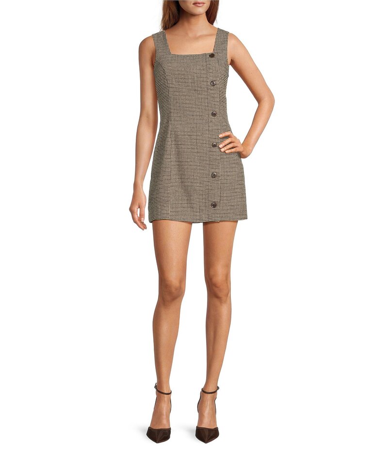 フレンチコネクション レディース トップス ワンピース ミニワンピース ミニ ウール ノースリーブ French Connection Houndstooth Wool Blend Square Neck Sleeveless Side Button Mini Dress Brown Multi ブラウン