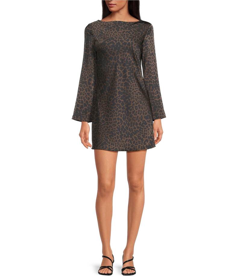 ジャンビニ レディース トップス ワンピース オープンバック ミニワンピース プリント ミニ サテン Gianni Bini Dionne Satin Leopard Print Long Sleeve Open Back Mini Dress Dark Leopard アニマル|ReVida 店