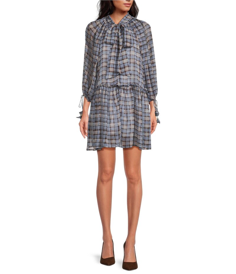 エン セゾン レディース トップス ワンピース ミニワンピース ミニ En Saison Briar Bow Tie Neckline Long Sleeve Plaid Mini Dress Dusty Blue Brown ブルー