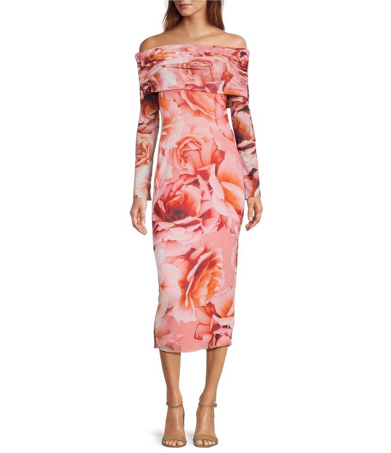 エーエフアールエム レディース トップス ワンピース ミディワンピース フラワー柄 プリント ミディ フラワー AFRM Cornelia Floral Print Off-The-Shoulder Long Sleeve Midi Dress Peach Roses ピーチ
