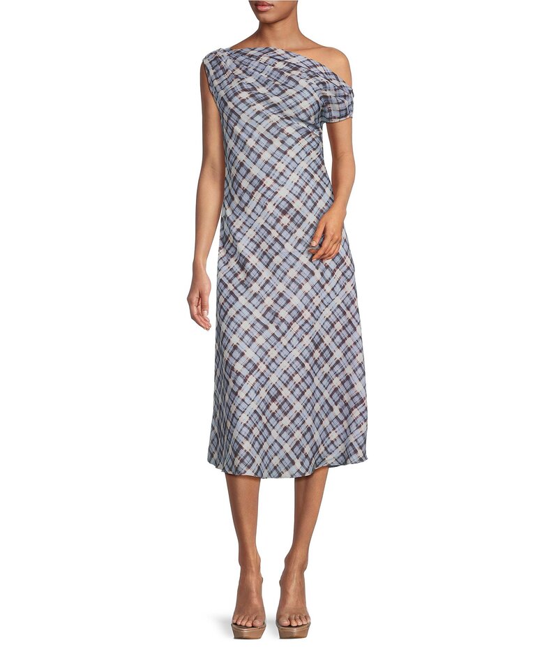 ルーシーパリ レディース トップス ワンピース アシンメトリー ミディワンピース プリント ミディ ノースリーブ Lucy Paris Plaid Print Asymmetrical Neck Sleeveless Midi Dress Blue Plaid ブルー